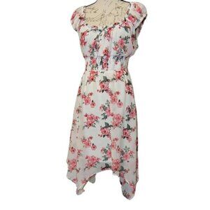 Floral Milkmaid Peasant Midi Dress Asymmetric Hem - Cottage Coquette Romantic